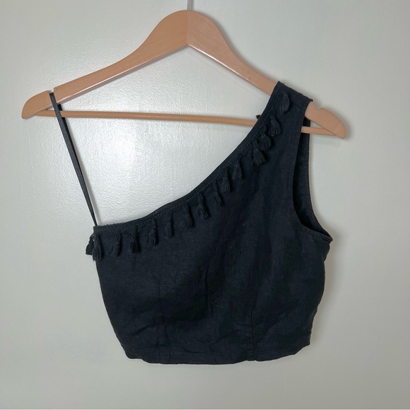 Versona Tops - Versona Women’s One Shoulder Boho Fringe Cropped Linen Blend Black Tank Top XS
